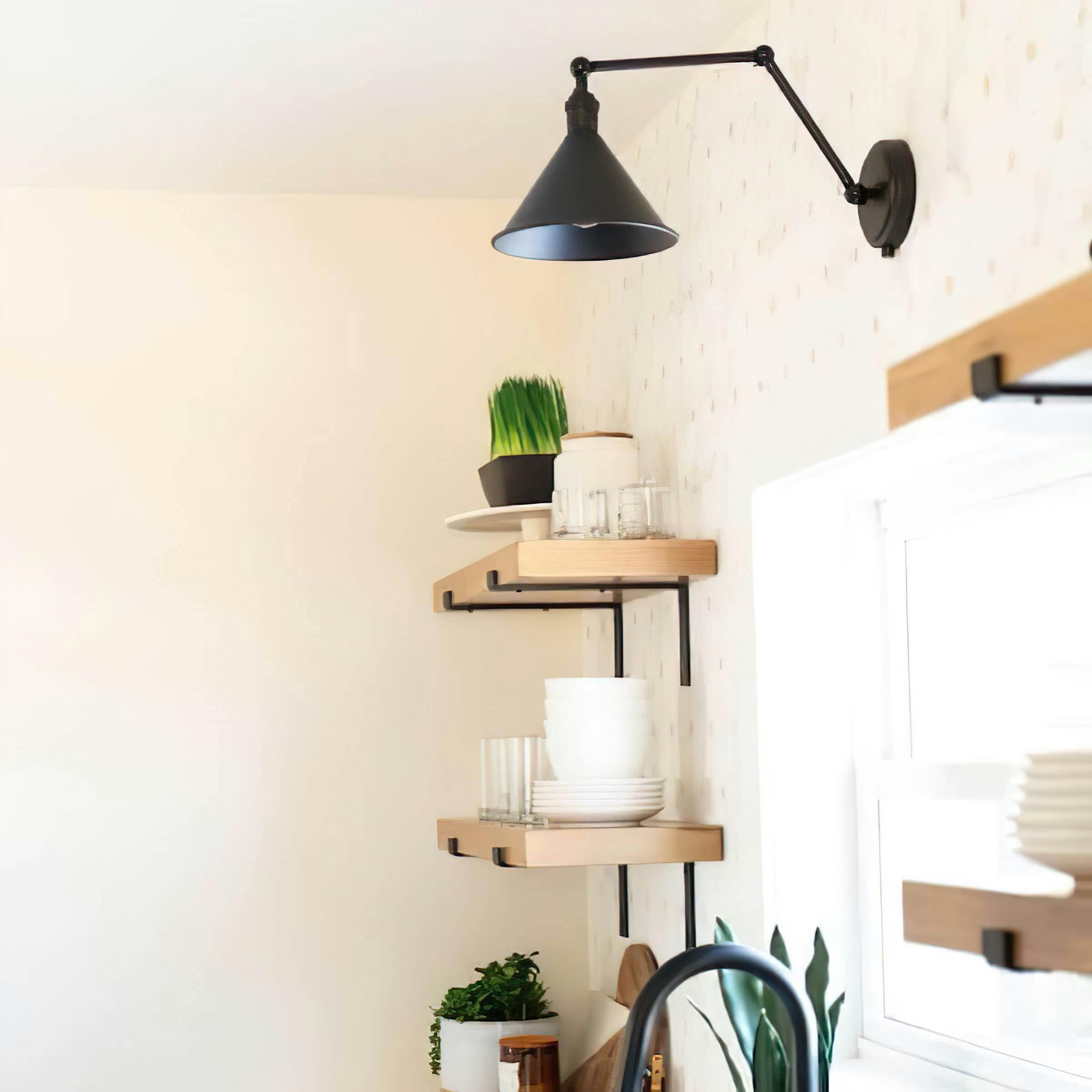 Kitchen shelving surrounding a window above a sink 