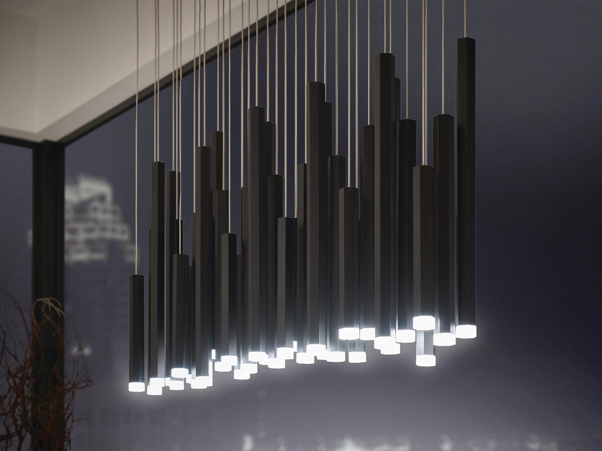 close up of Soho 11 Light rectangular pendant cluster