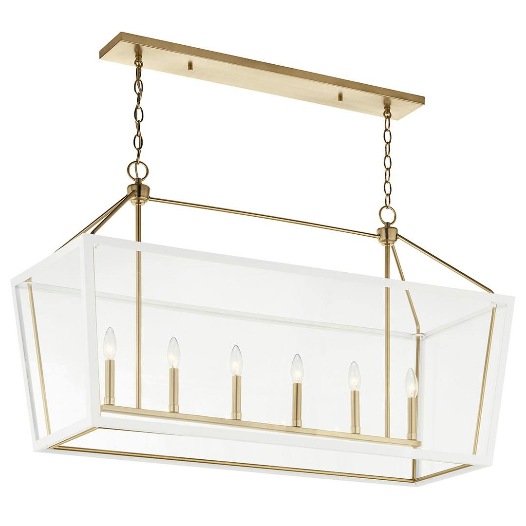 The Delvin 44 Inch 6 Light Linear Chandelier with Clear Glass in Champagne Bronze and White on a white background