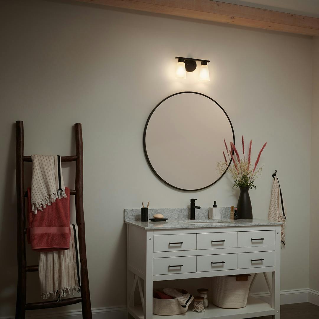 Night time Bathroom with Stamos 14" 2 Light Vanity Light Black