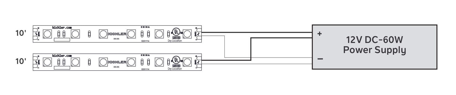 Graphic example of a 12V DC-60W Power Supply hook up