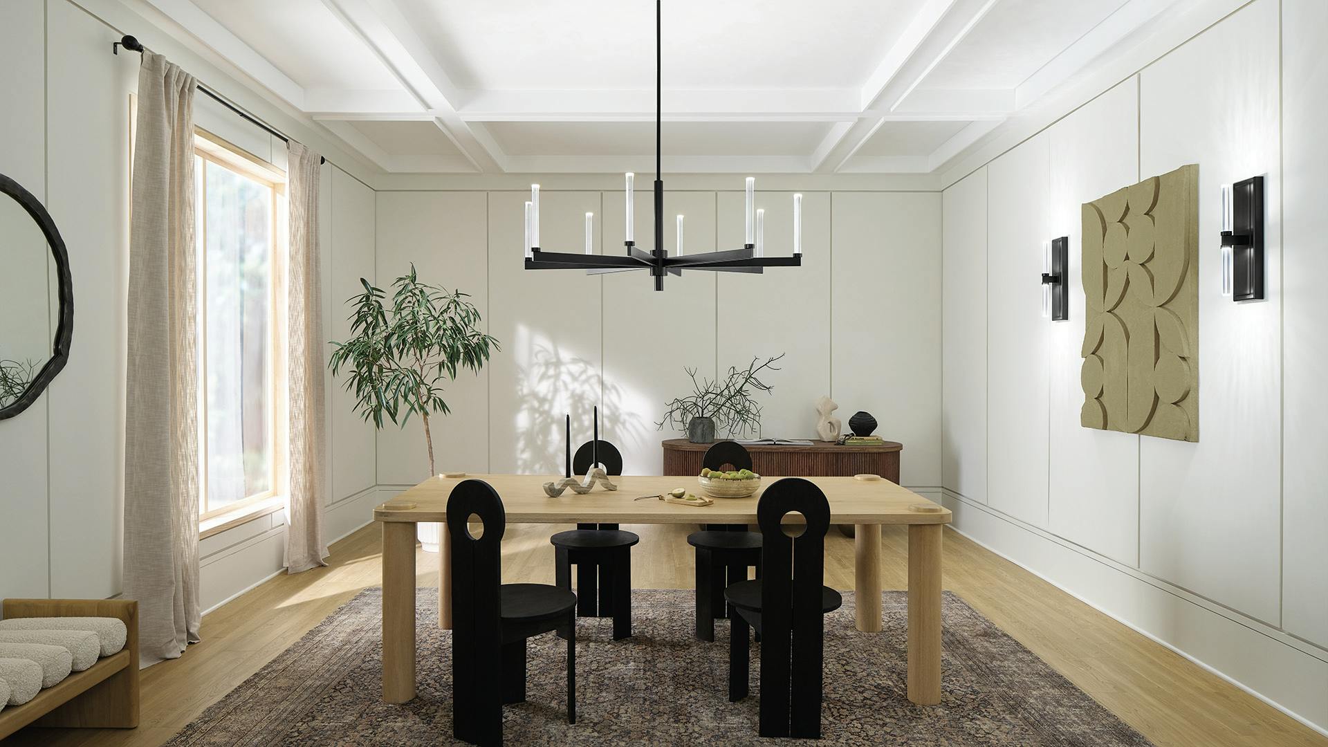 Dining room with Sycara chandelier and sconces in black