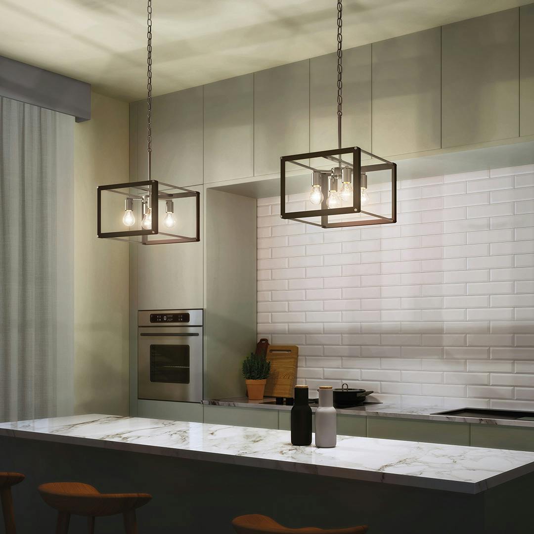 Night time kitchen with Chatwin 4 Light Square Pendant Black