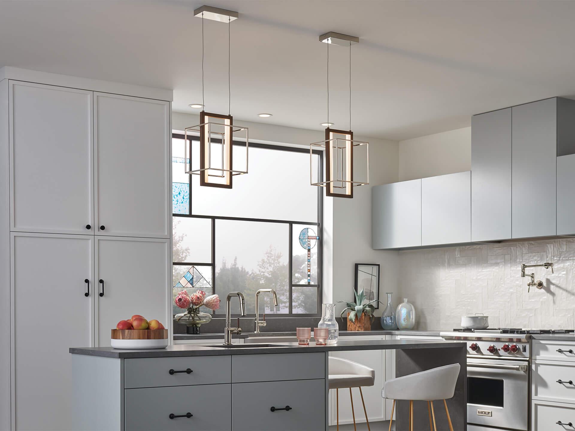 2 Viho 10in LED pendants hanging over kitchen island