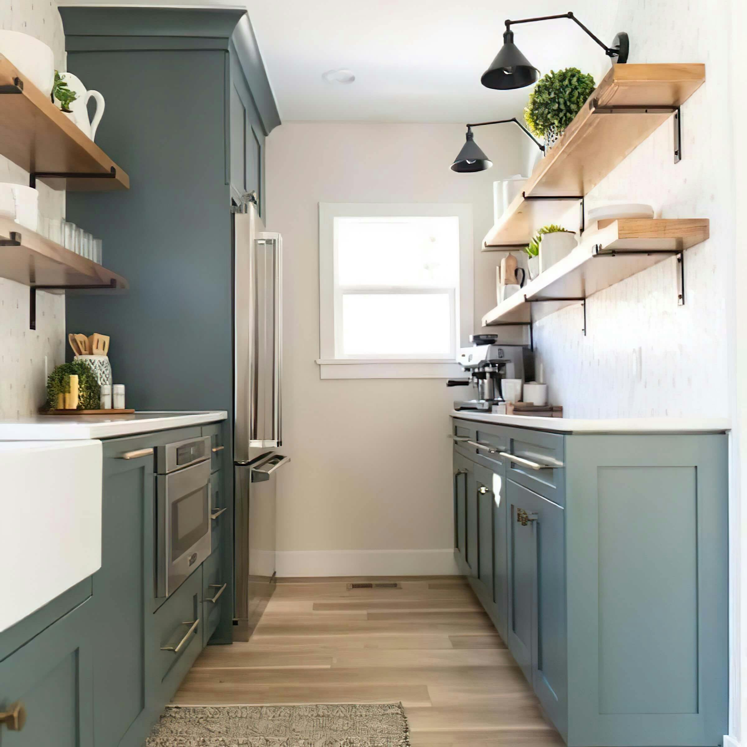 Small kitchen with green cabinets