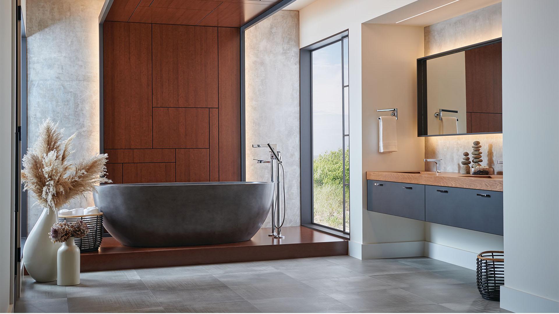 Tape lighting around large vertical wood design structure and vanity in contemporary bathroom.