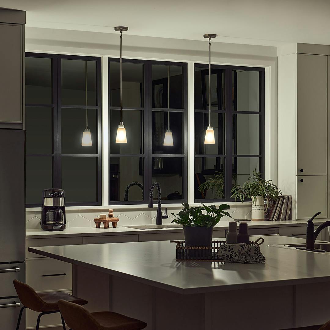 Night time Kitchen with Erma 4.25" 1 Light Mini Pendant Brushed Nickel