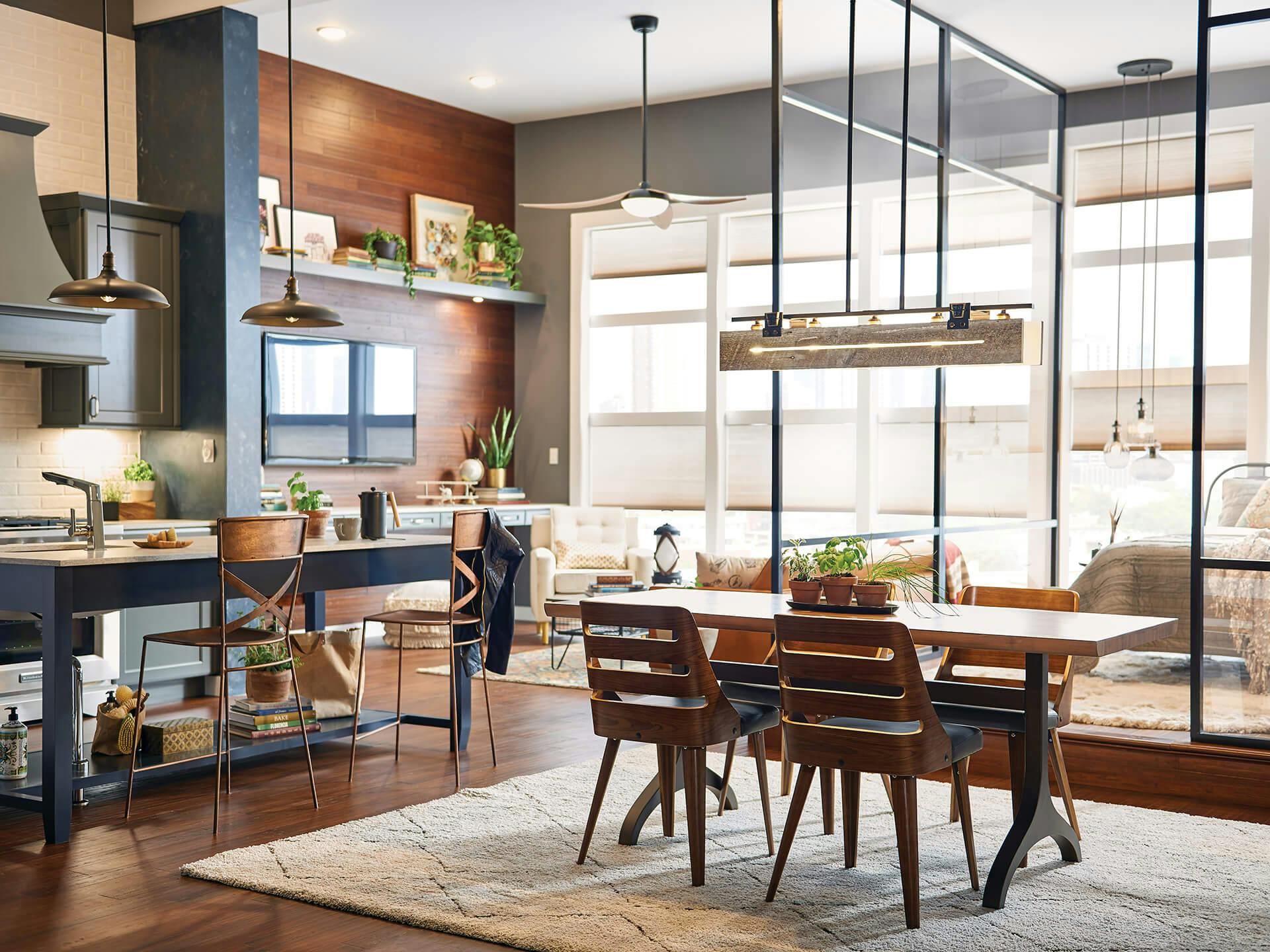 Daylight pouring into a modern kitchen featuring a Ridgewood chandelier