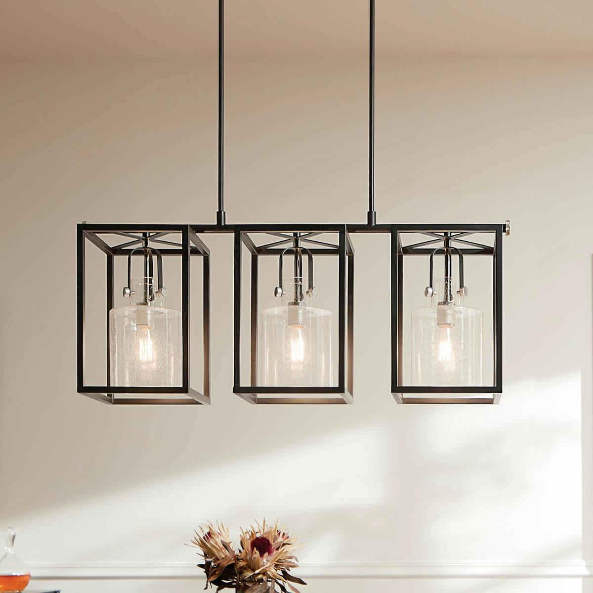 day time dining room with Kitner 3 light chandelier Polished Nickel