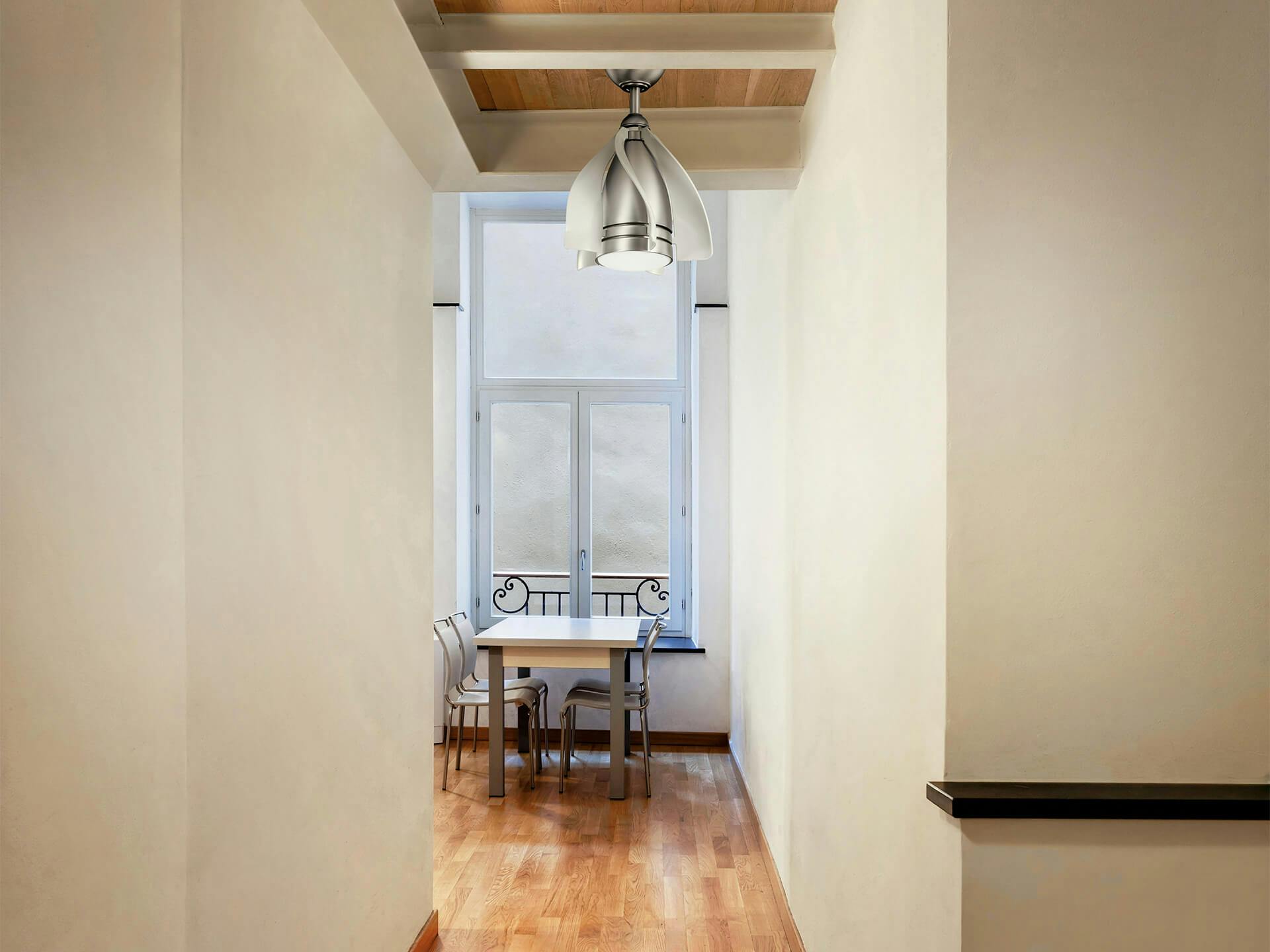 Brushed Nickel Terna Ceiling Fan hanging in hallway