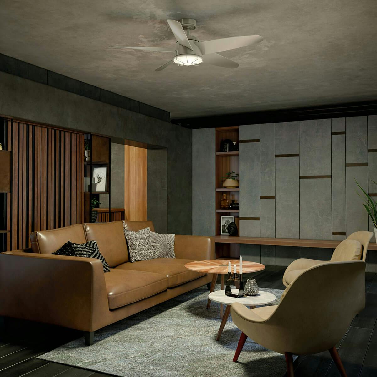 Night time living room image featuring Daya ceiling fan 310072NI