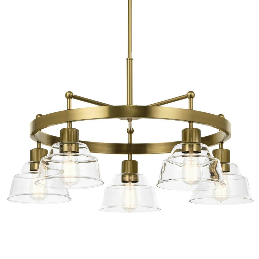 Eastmont™ 5 Light Chandelier Brushed Natural Brass and Walnut Wood on a white background