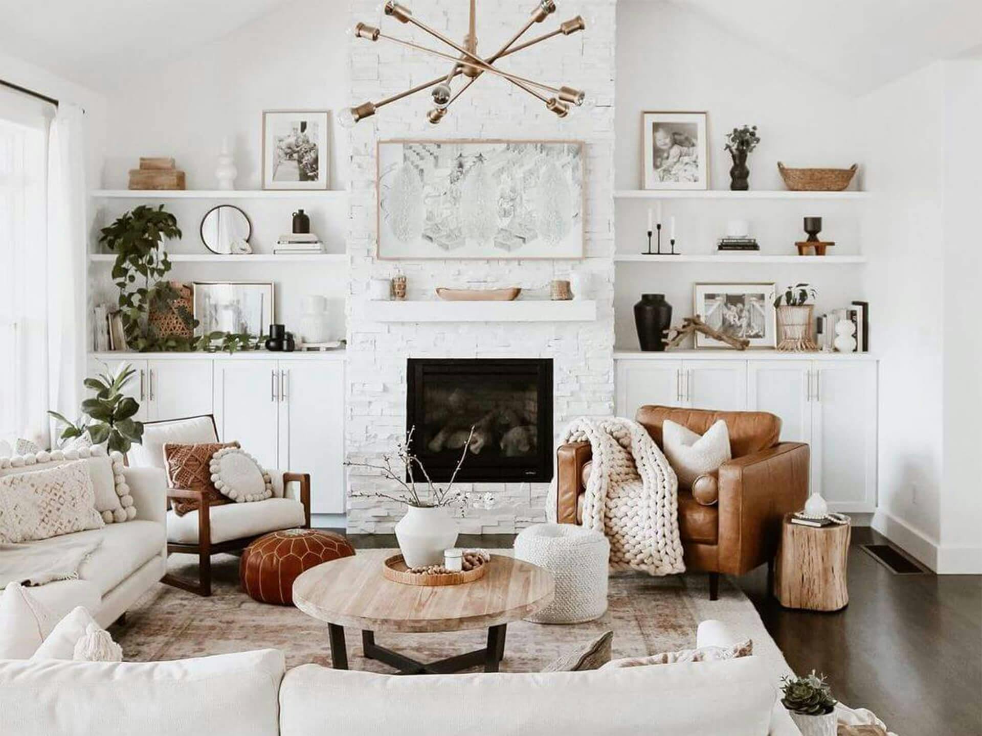 Southwest style living room with Mid-Century modern influences, rough textured furniture and decorations, with gold and bronze finishes