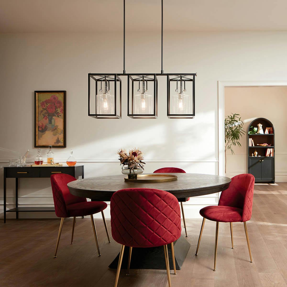 day time dining room with Kitner 3 light chandelier Polished Nickel