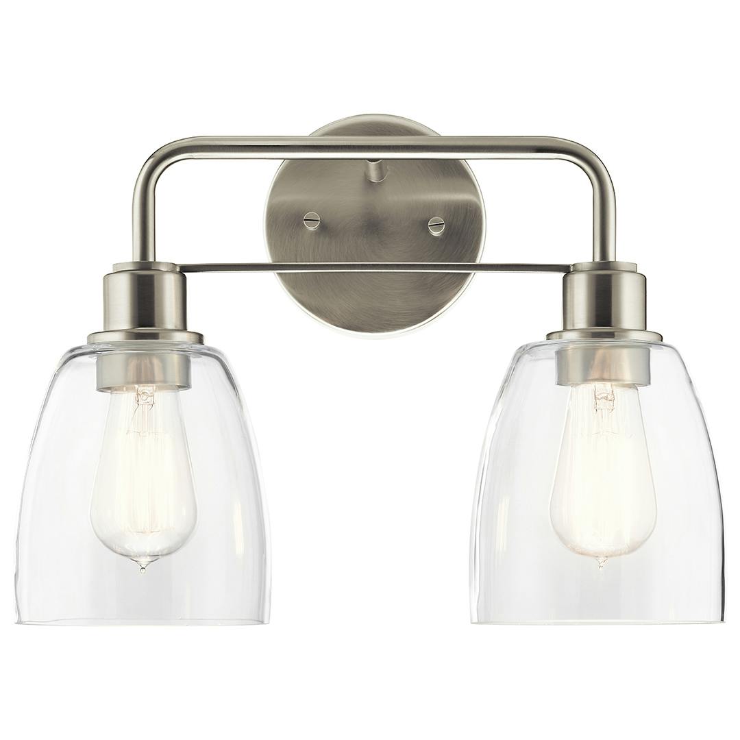 Meller 15.25 Inch 2 Light Vanity Light with Clear Glass in Brushed Nickel on a white background