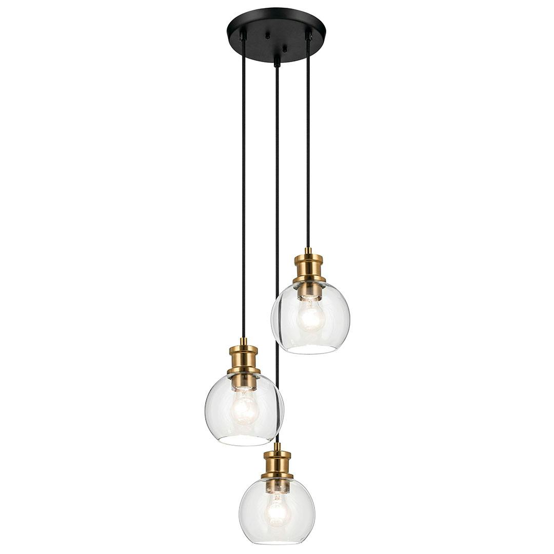 The Clove 3 Light Cluster Pendant in Black and Brushed Natural Brass on a white background