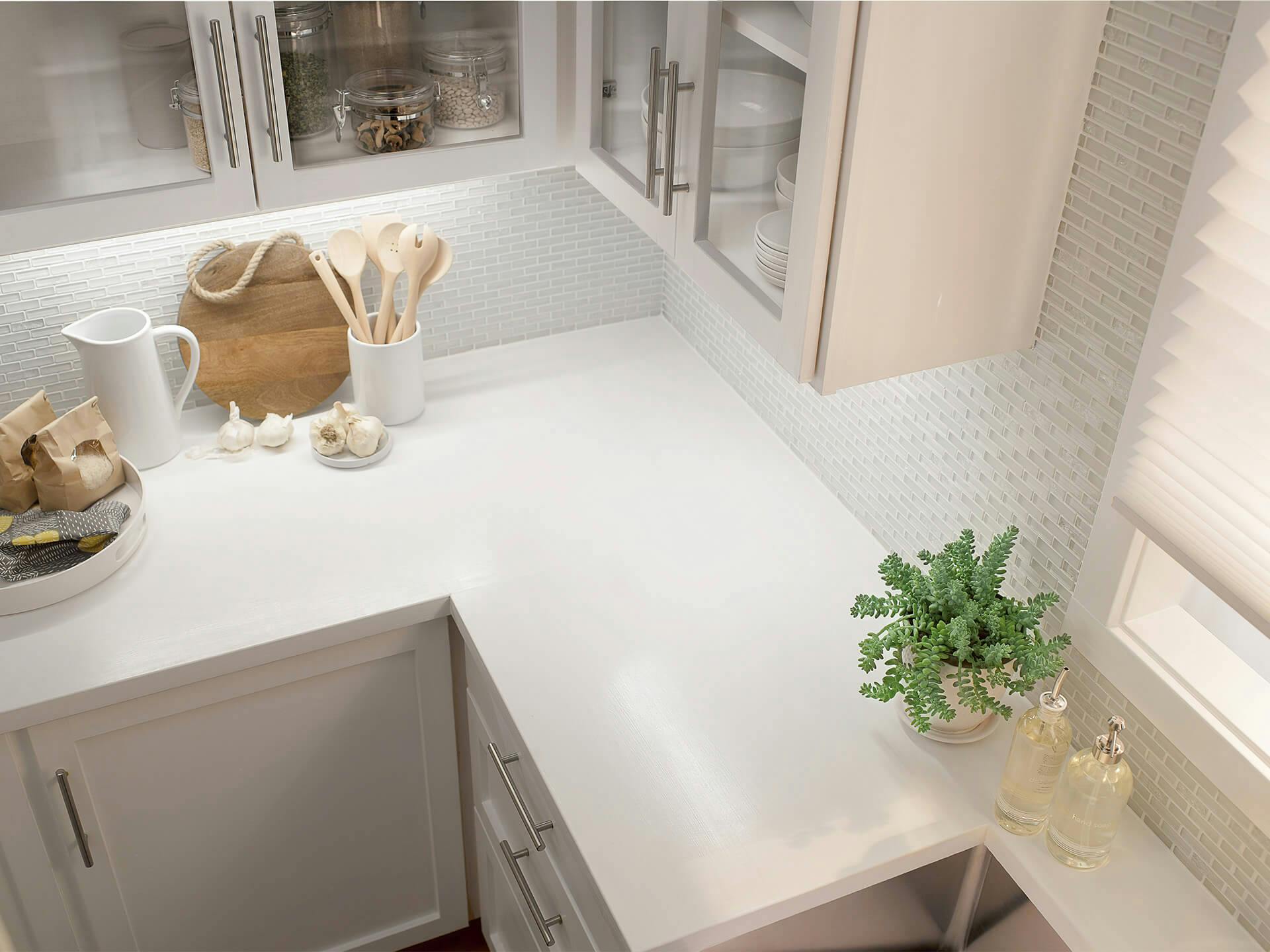 Overhead picture of a kitchen counter with cabinet lights