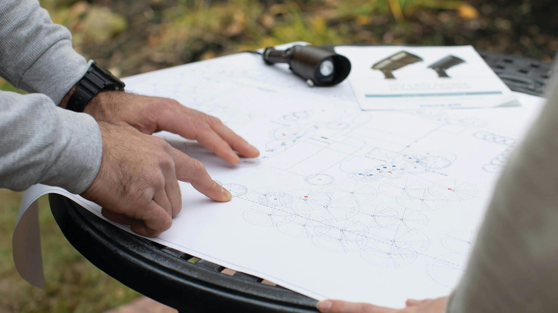 Close up of hands working with a blueprint outside on a garden table