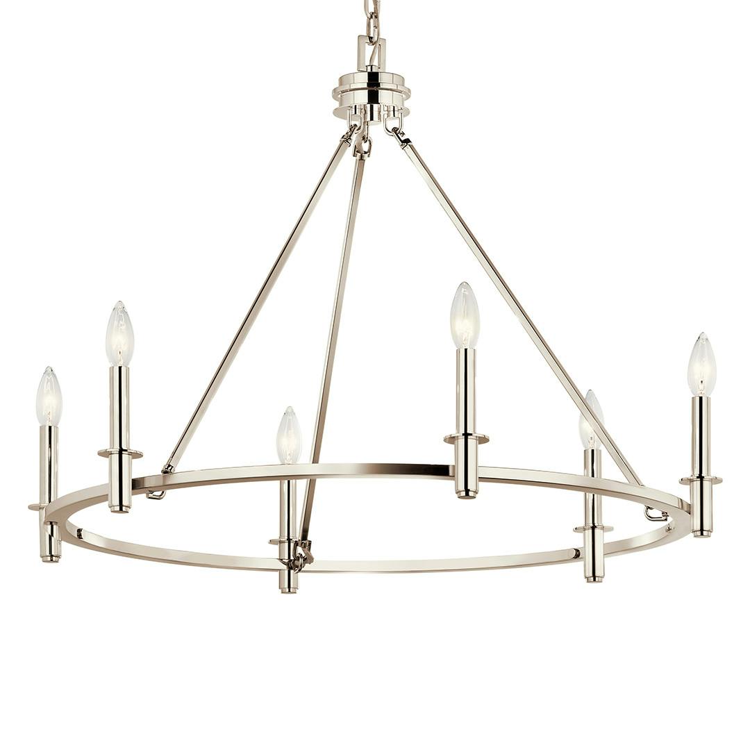 The Carrick 32.25 Inch 6 Light Chandelier in Polished Nickel on a white background