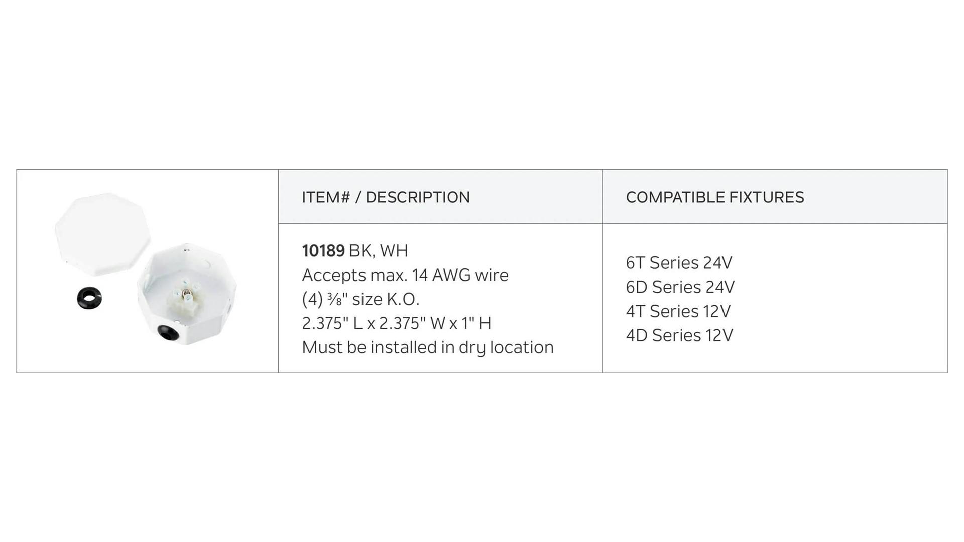 Table featuring a splice power box with item number, description and compatible features.