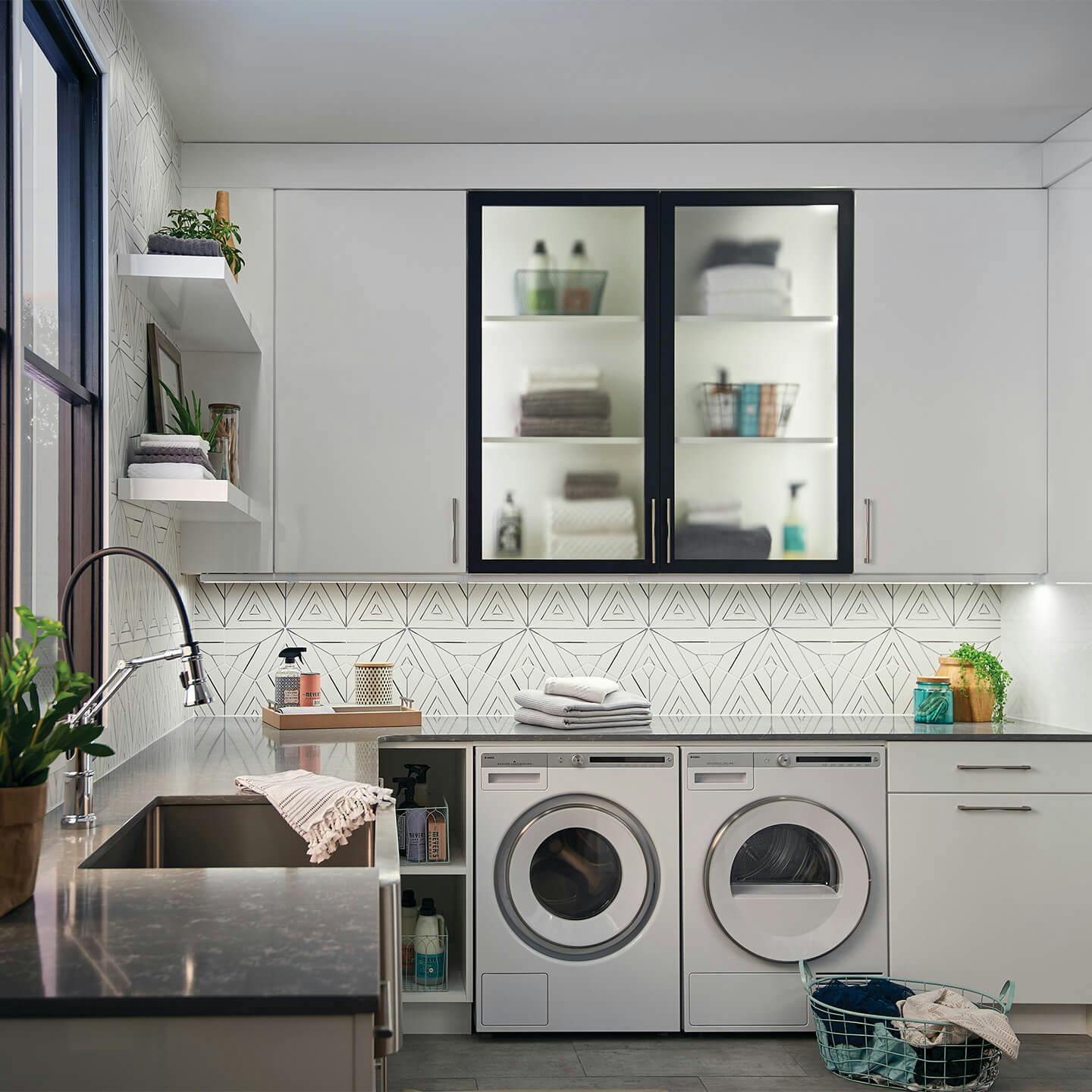 Laundry room during day with under cabinet lighting