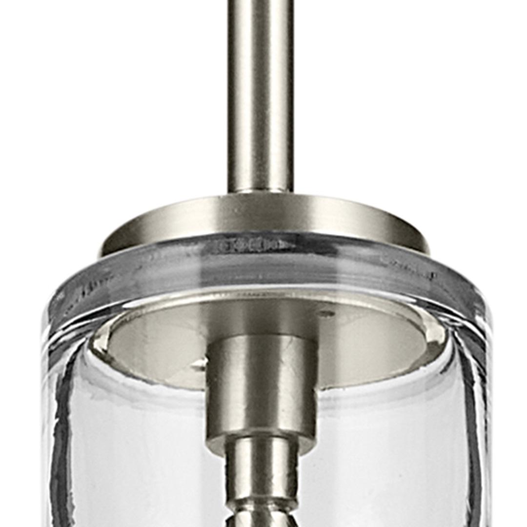 Close up view of the Everly 19.75" 1-Light Bell Pendant with Clear Glass in Brushed Nickel on a white background