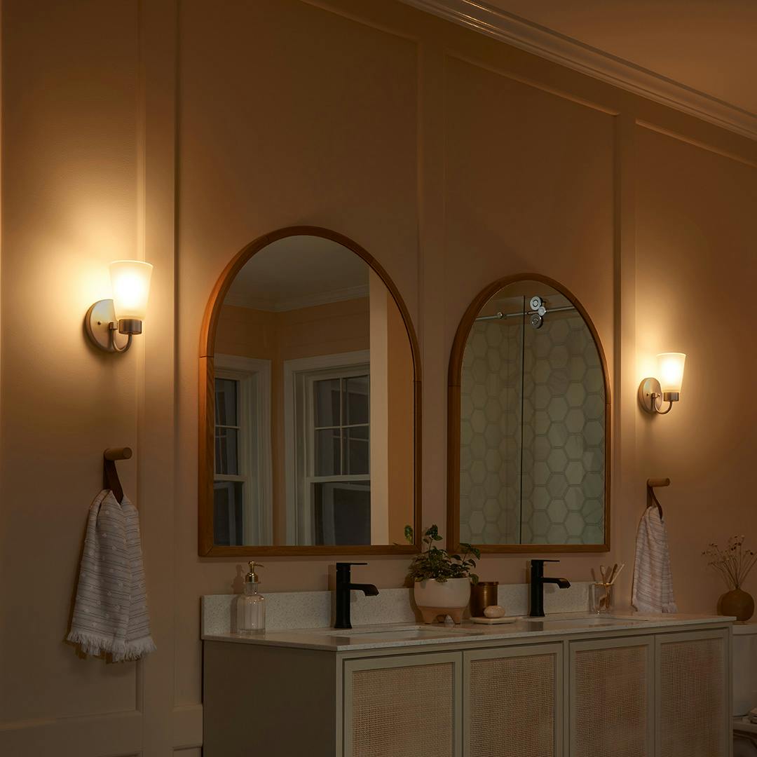 Night time Bathroom with Stamos 4.25" 1 Light Wall Sconce Brushed Nickel