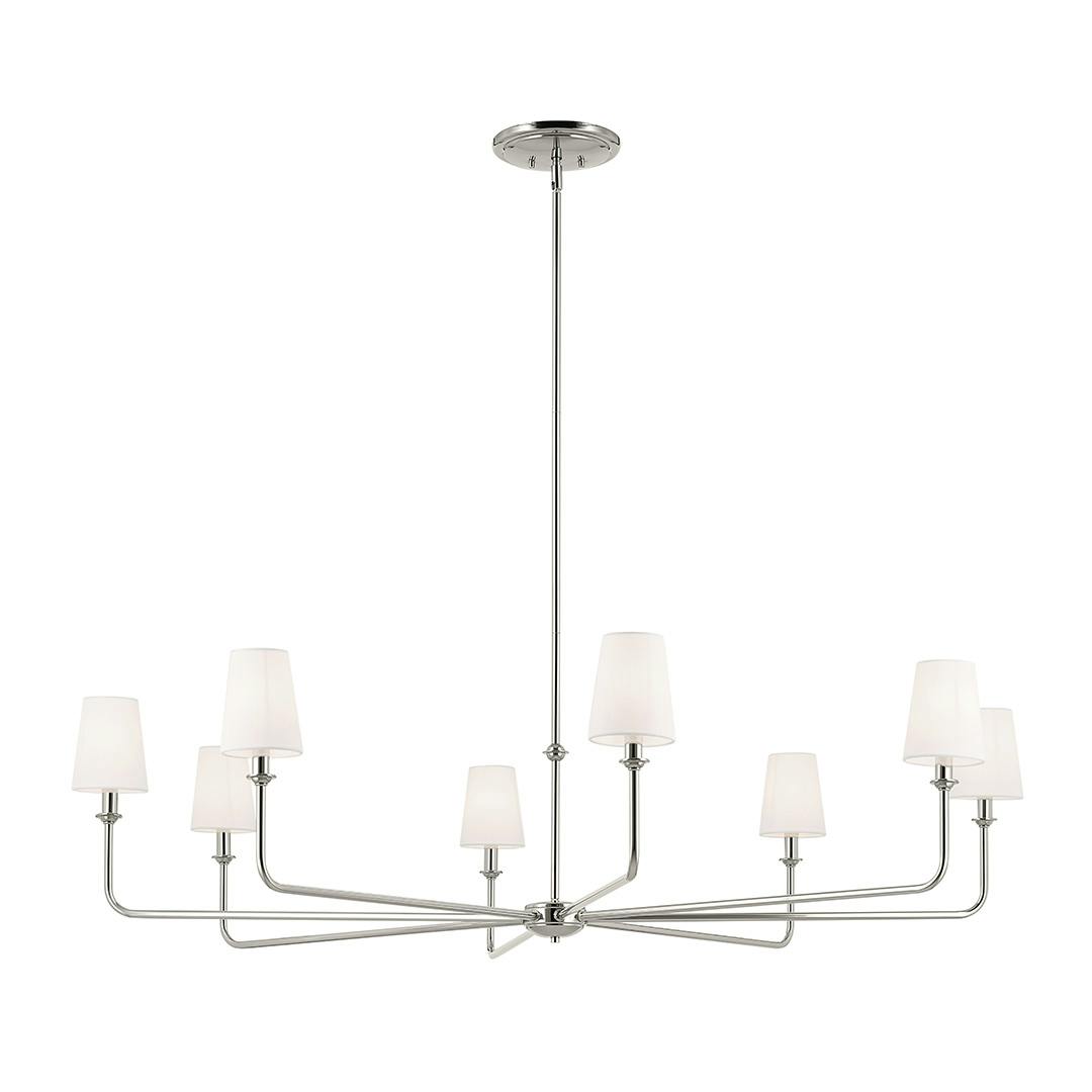 The Pallas 52" XL 8-Light Round Chandelier with White Linen Shade in Polished Nickel on a white background