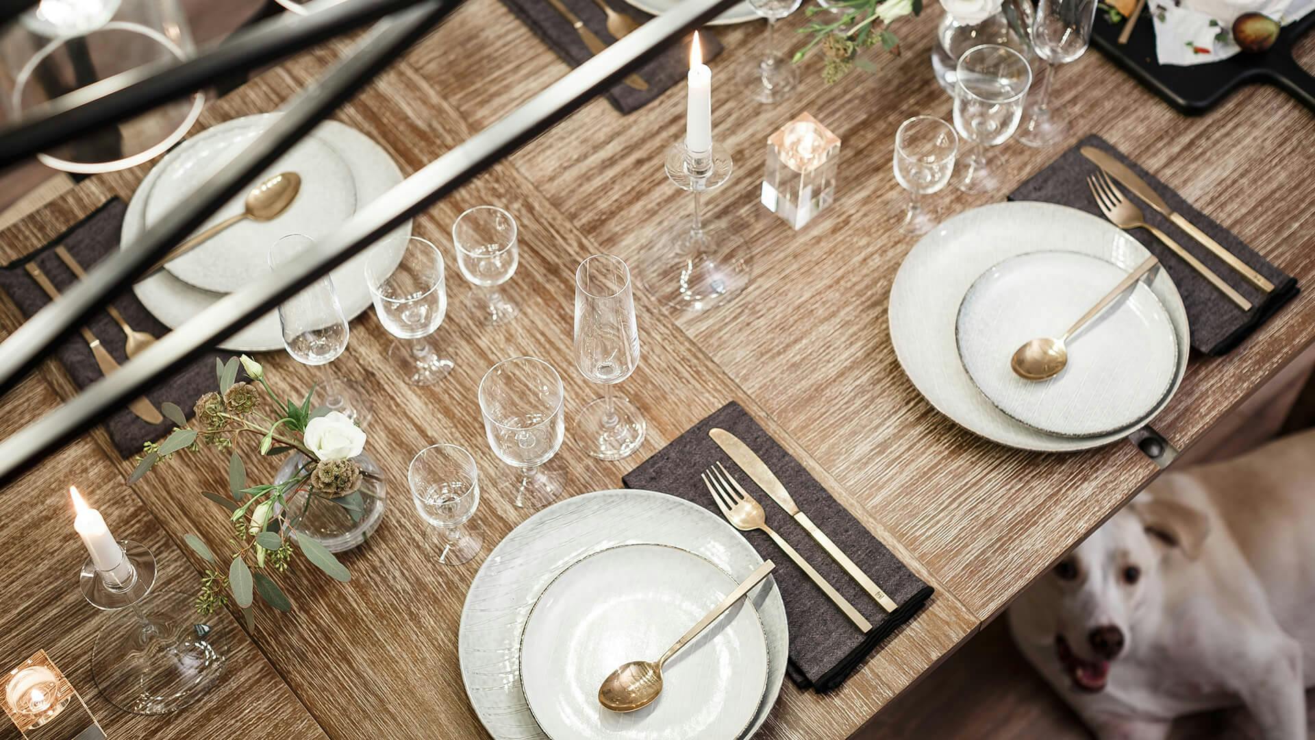 Detail image of a dining room with a full setting and a white and brown dog peaking out from under the table