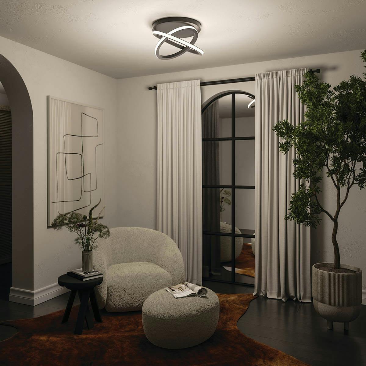 Night time living room with Caputo 19" LED Semi Flush Matte Black