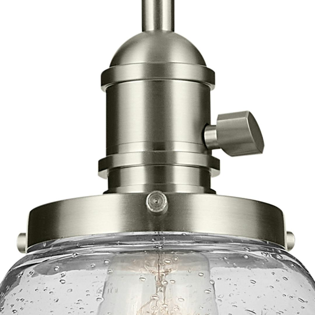 Close up view of the Avery 11.25" 1-Light Bell Pendant with Clear Seeded Glass in Nickel on a white background