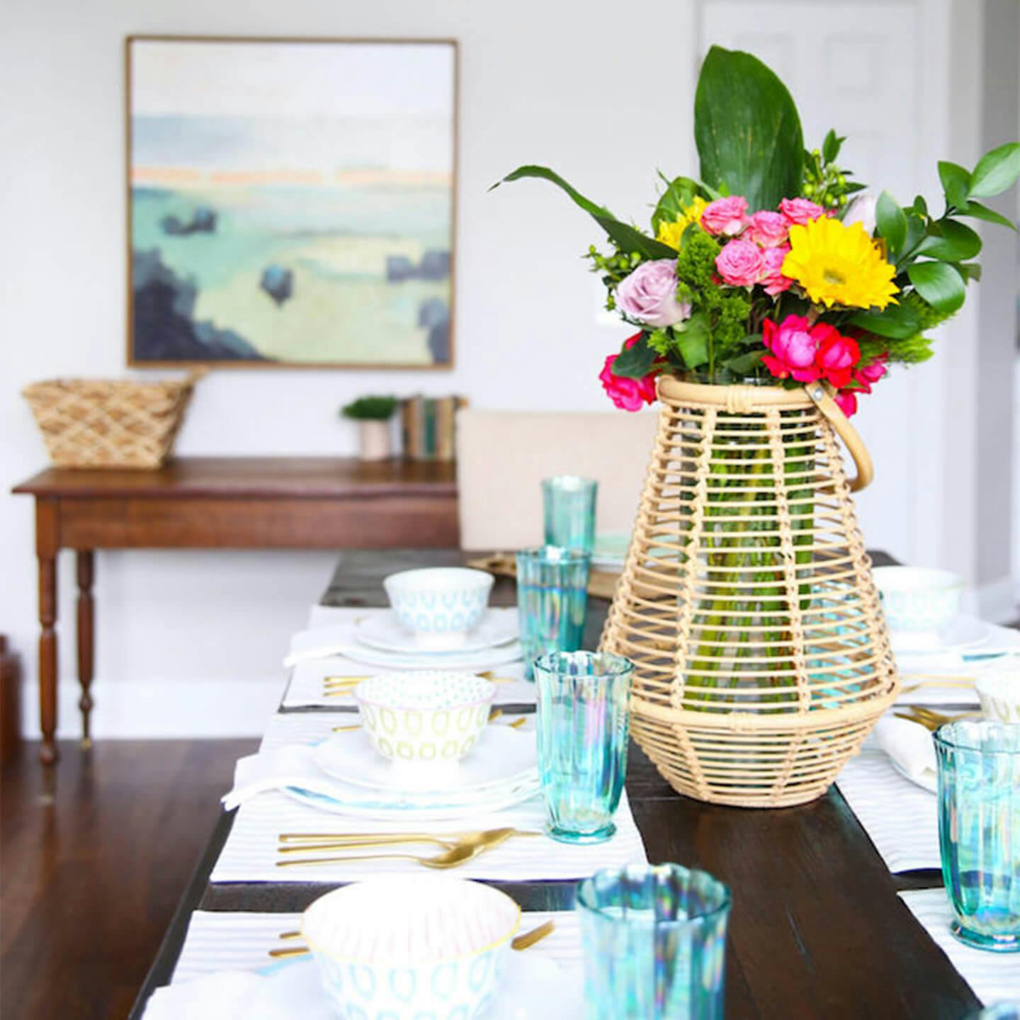 Kitchen table set for dinner party