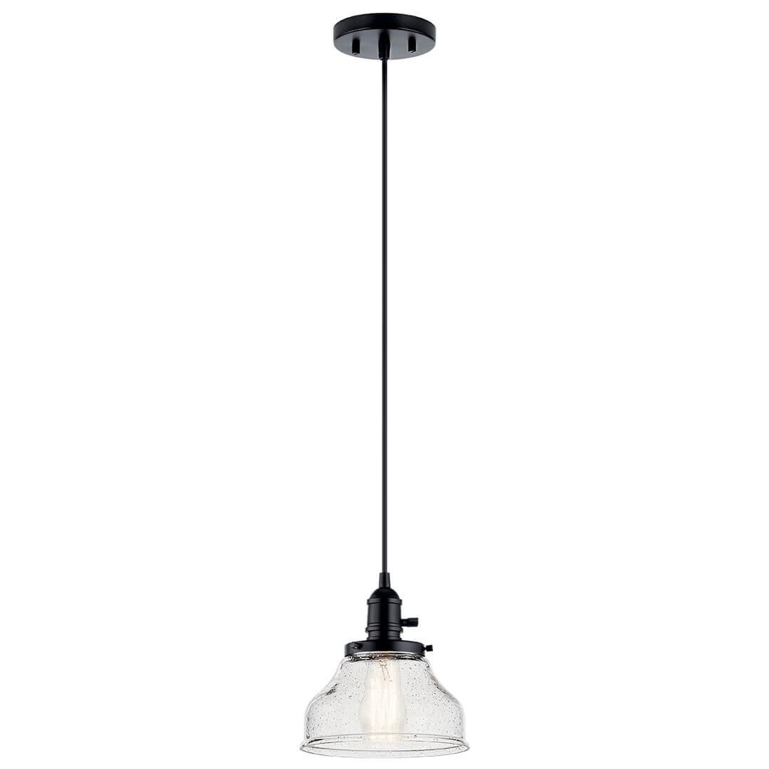 The Avery 8.5 Inch 1 Light Bell Mini Pendant with Clear Seeded Glass in Black on a white background