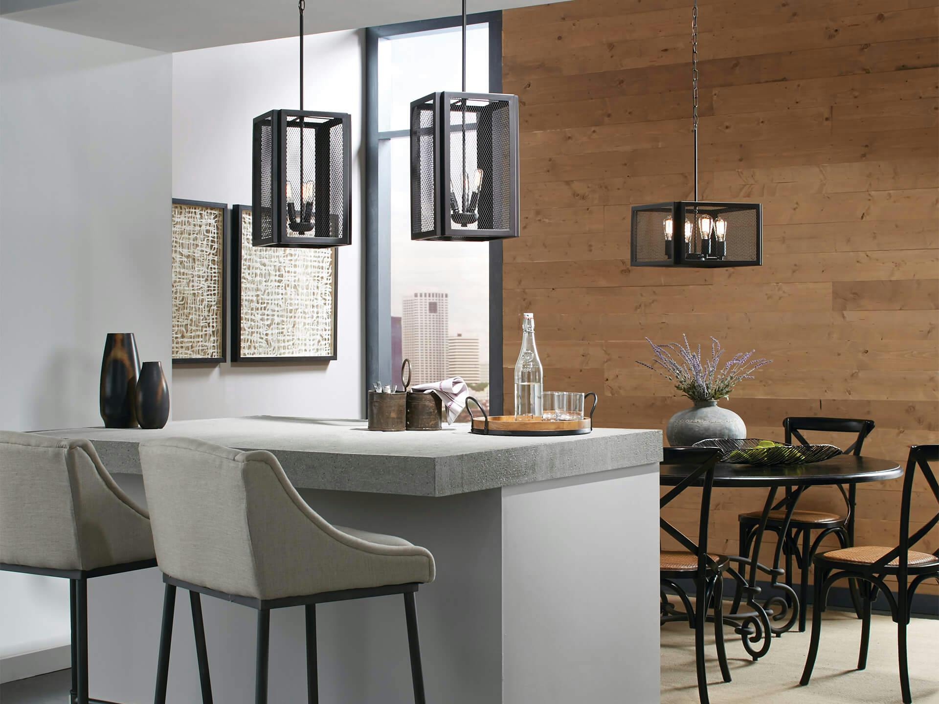 Kitchen island featuring Saybridge pendant lamps.